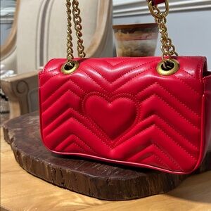 Red Quilted Shoulder Bag with Gold Chain